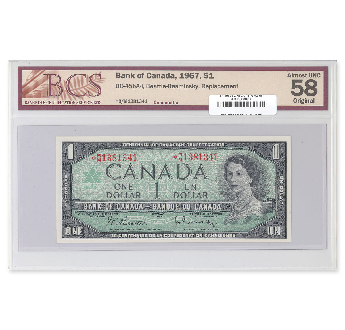 $1 1967 BC-45bA-i Beattie-Rasminsky Prefix *B/M BCS AU-58 Original