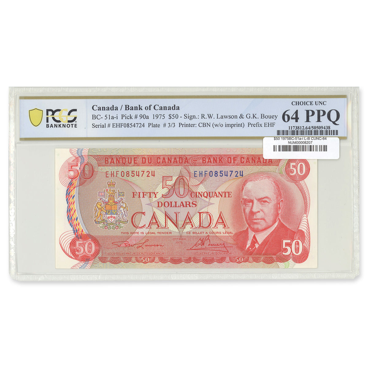 $50 1975 BC-51a-i Lawson-Bouey Prefix EHF PCGS CUNC-64 PPQ
