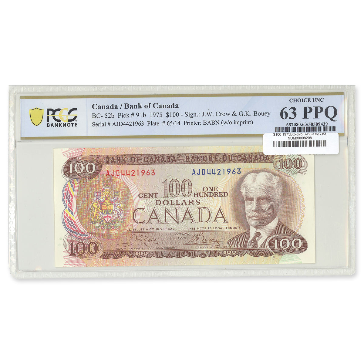 $100 1975 BC-52b Crow-Bouey Prefix AJD PCGS CUNC-63 PPQ