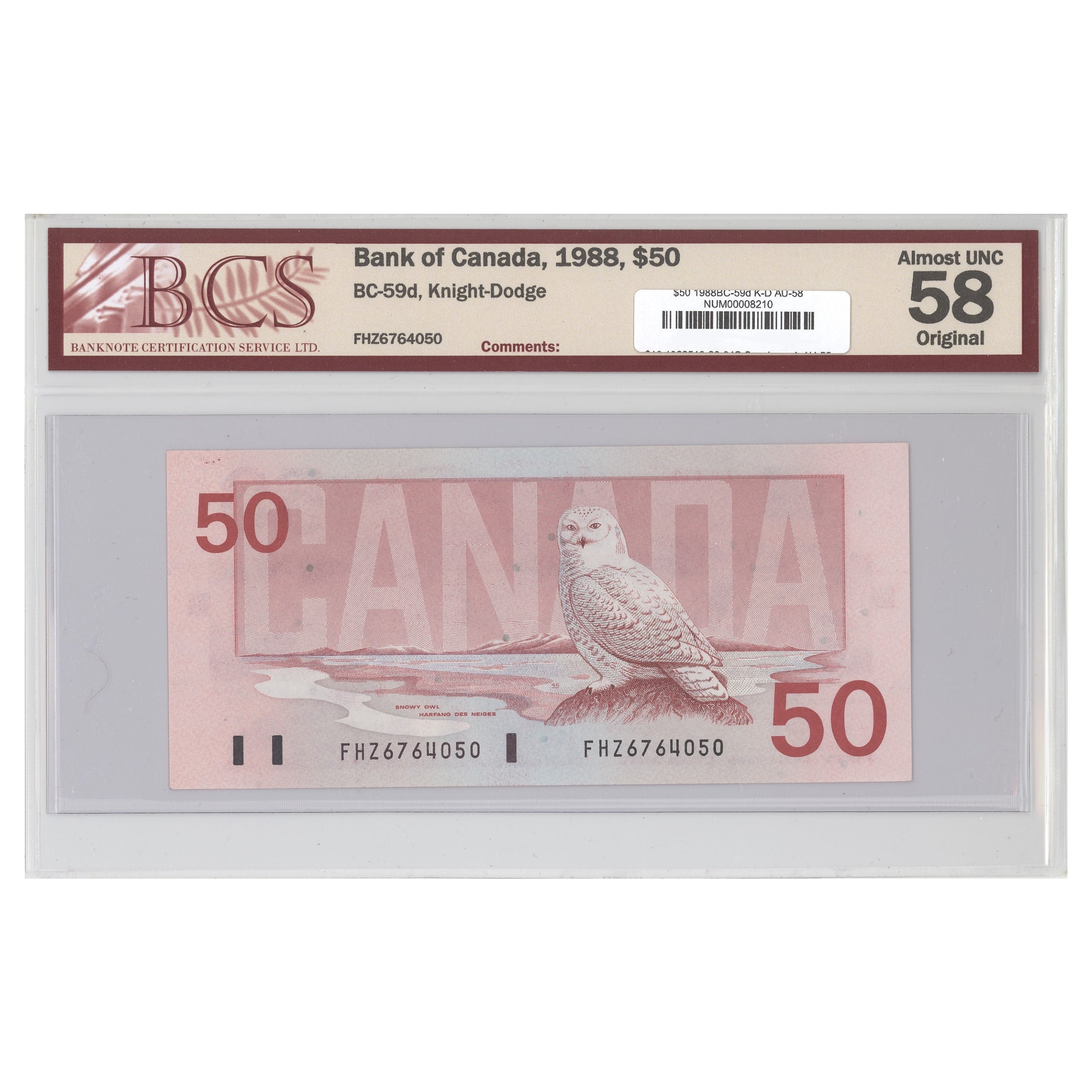 $50 1988 BC-59d Knight-Dodge Prefix FHZ BCS AU-58 Original
