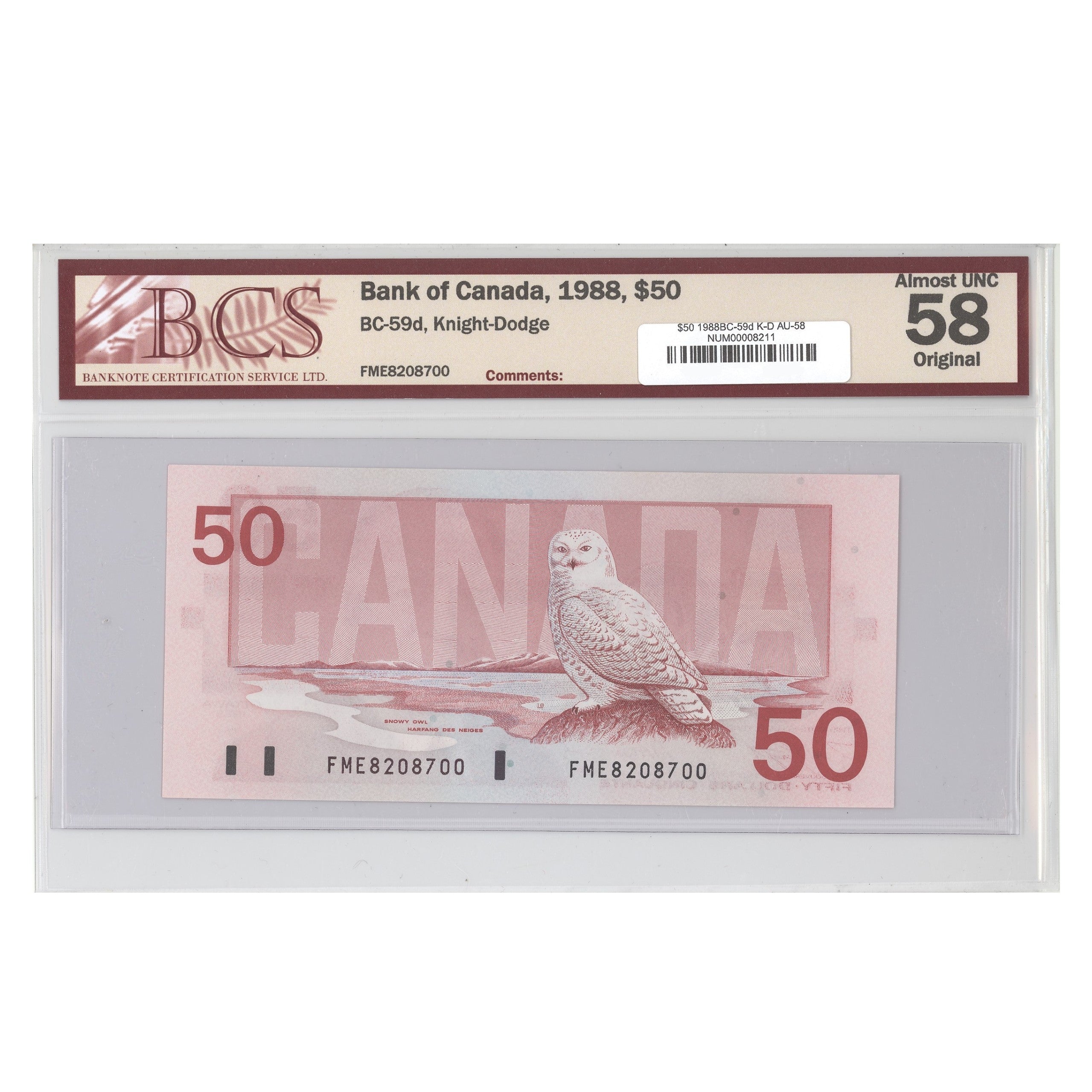 $50 1988 BC-59d Knight-Dodge Prefix FME BCS AU-58 Original