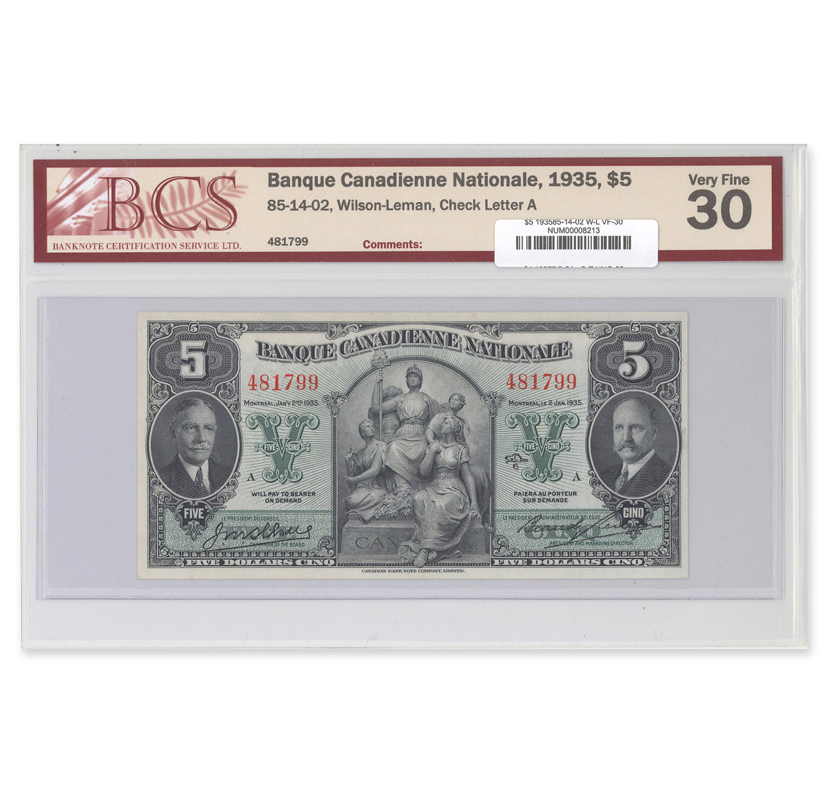 $5 1935 85-14-02 Banque Canadienne National Wilson-Leman BCS VF-30