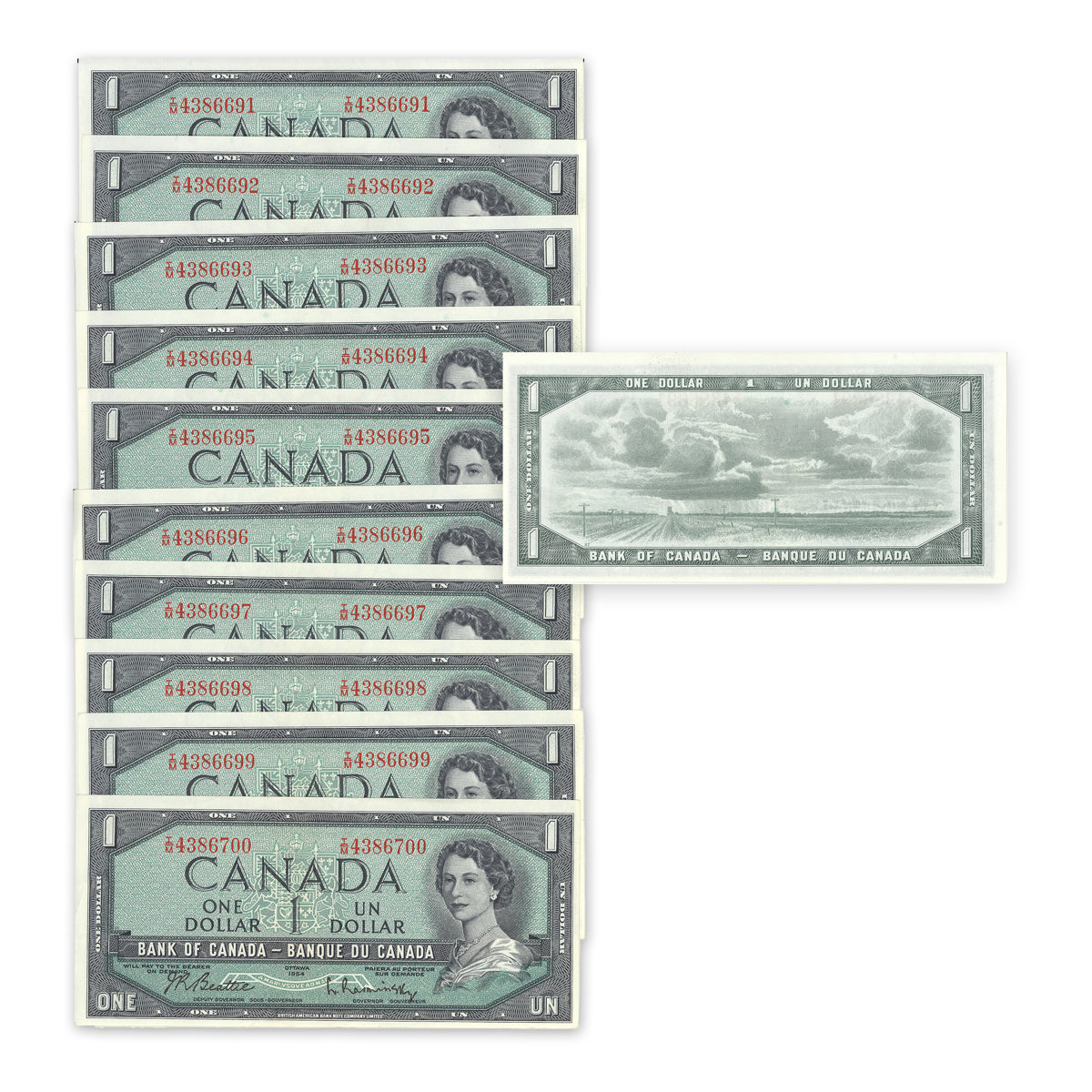 $1 1954 Modified Series BC-37b-i Consec Beattie-Rasminsky Prefix T/M 10 Consecutive CUNC-63