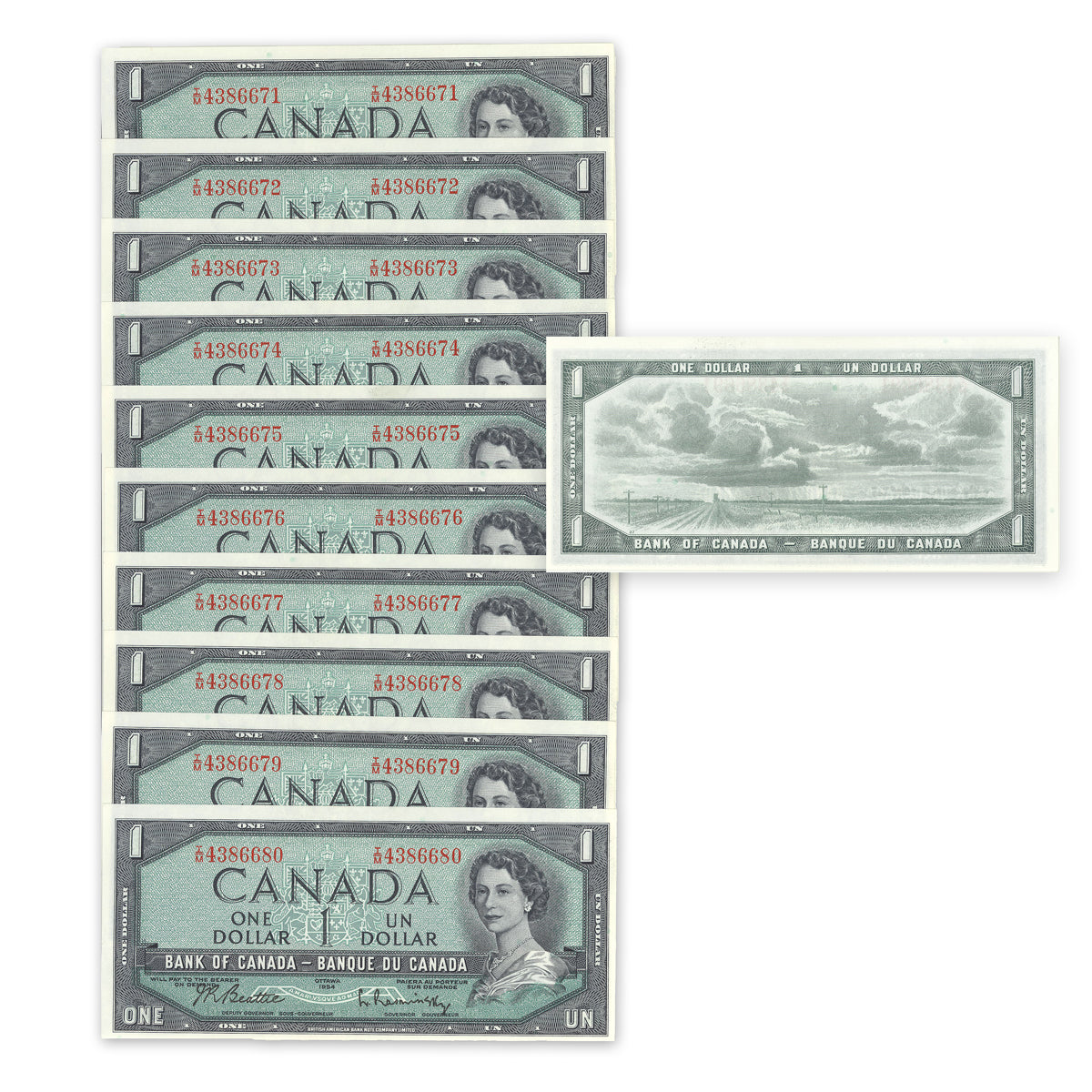 $1 1954 Modified Series BC-37b-i Consec Beattie-Rasminsky Prefix T/M 10 Consecutive CUNC-63