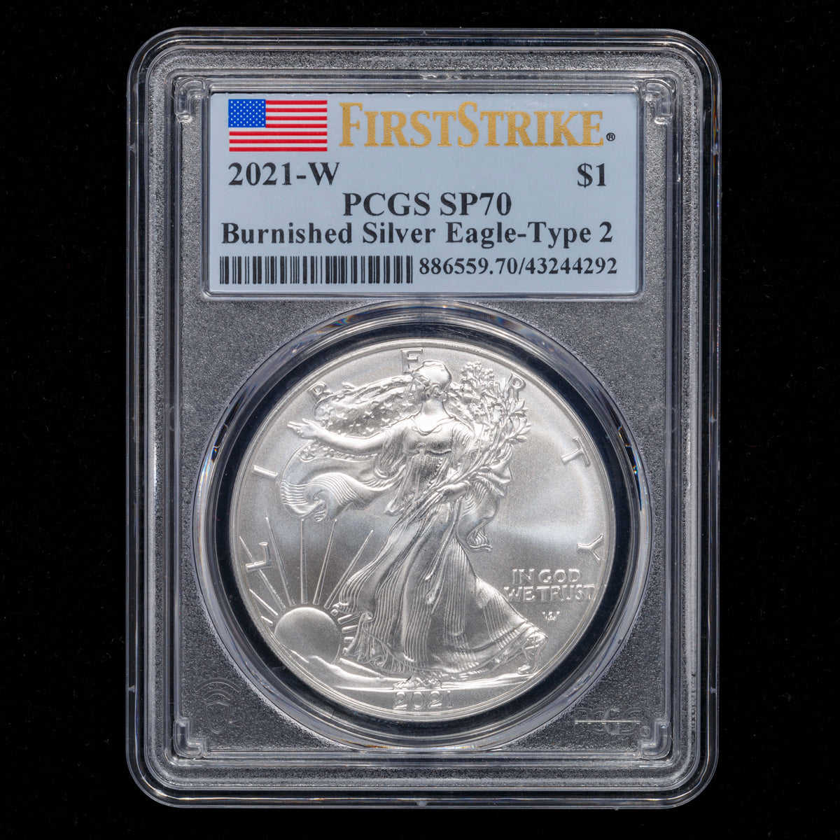 US 1oz .999 Fine Silver $1 Eagle: T2 Burnished 2021 W SP-70