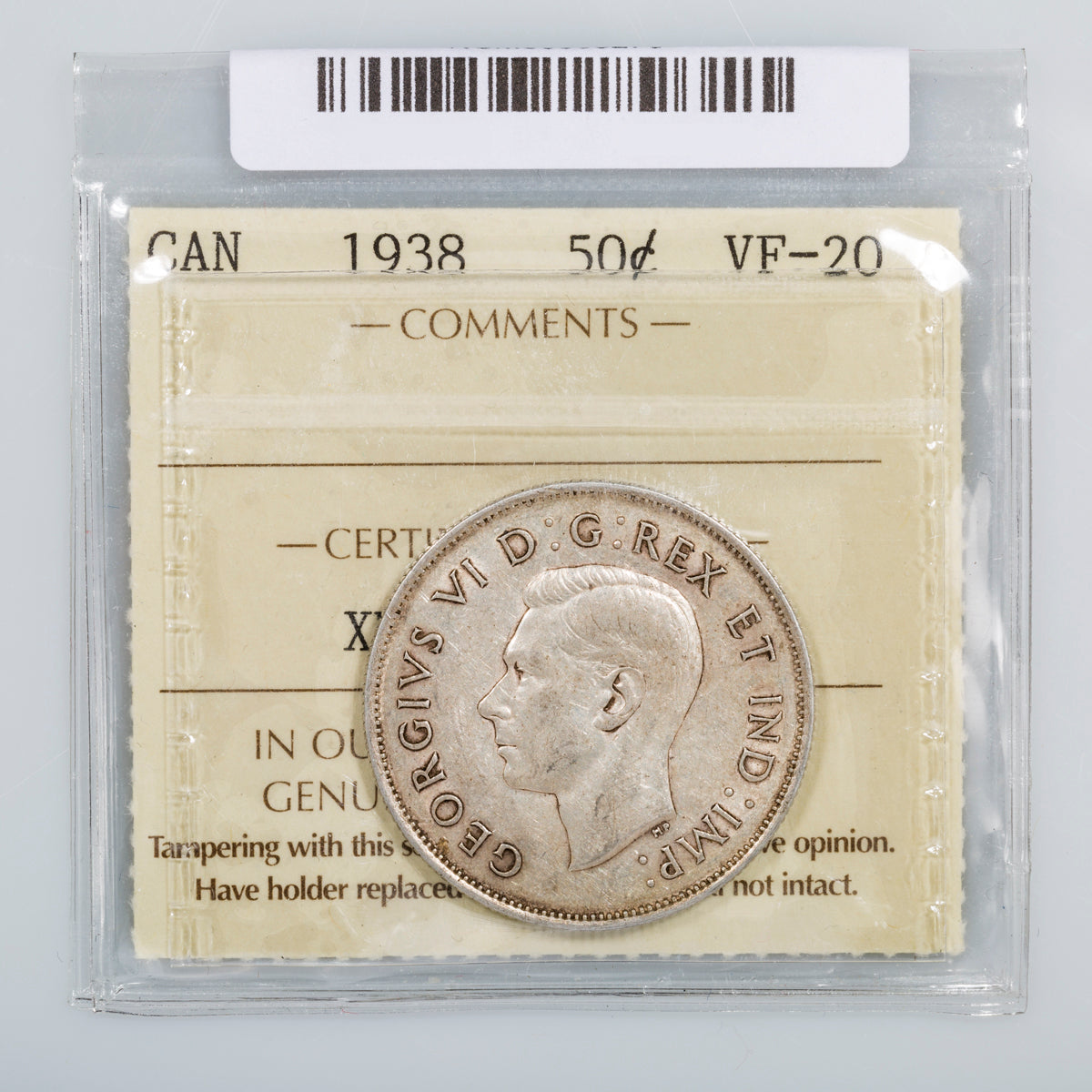 50 Cent 1938 ICCS VF-20