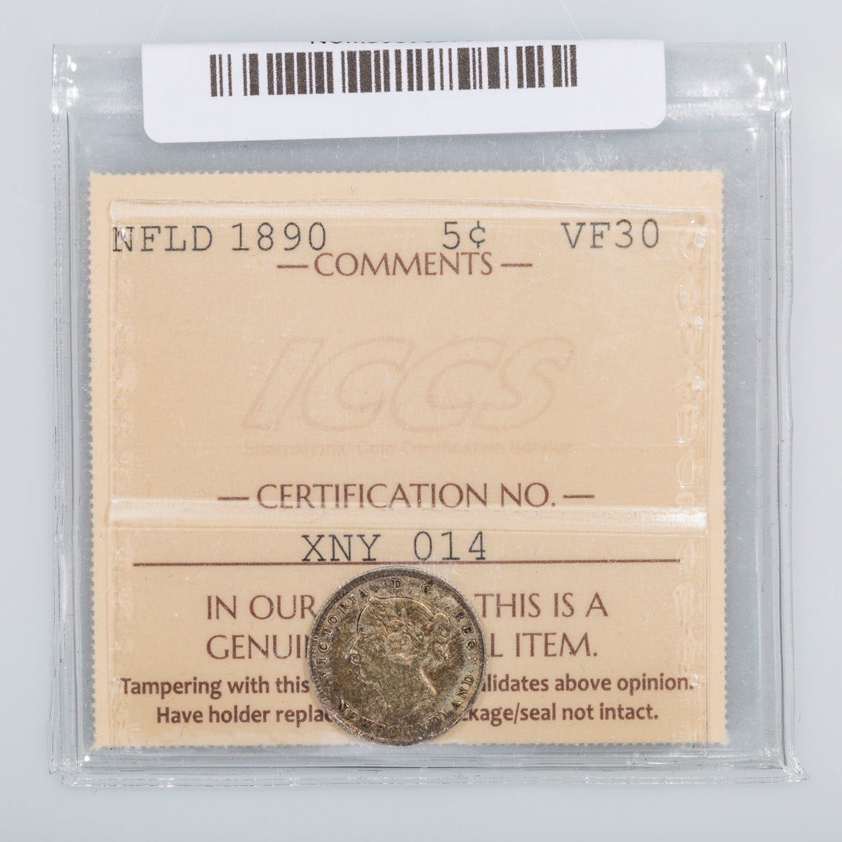 NFLD 5 Cent 1890 ICCS VF-30