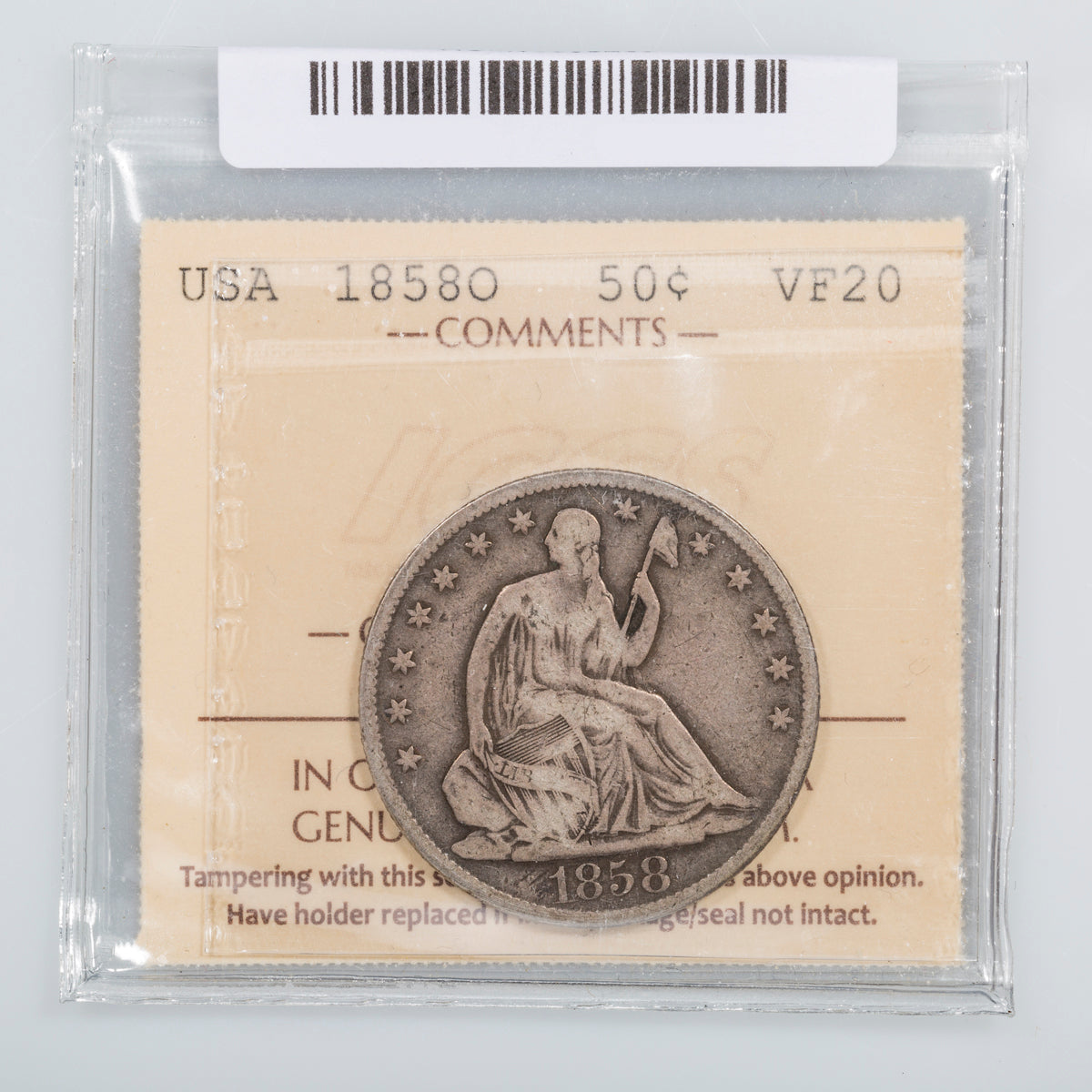 US 50 Cent 1858O Seated ICCS VF-20