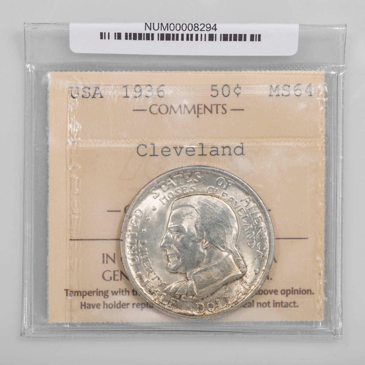 US 50 Cent 1936 Cleveland Centennial / Great Lakes Exposition Commemorative ICCS MS-64