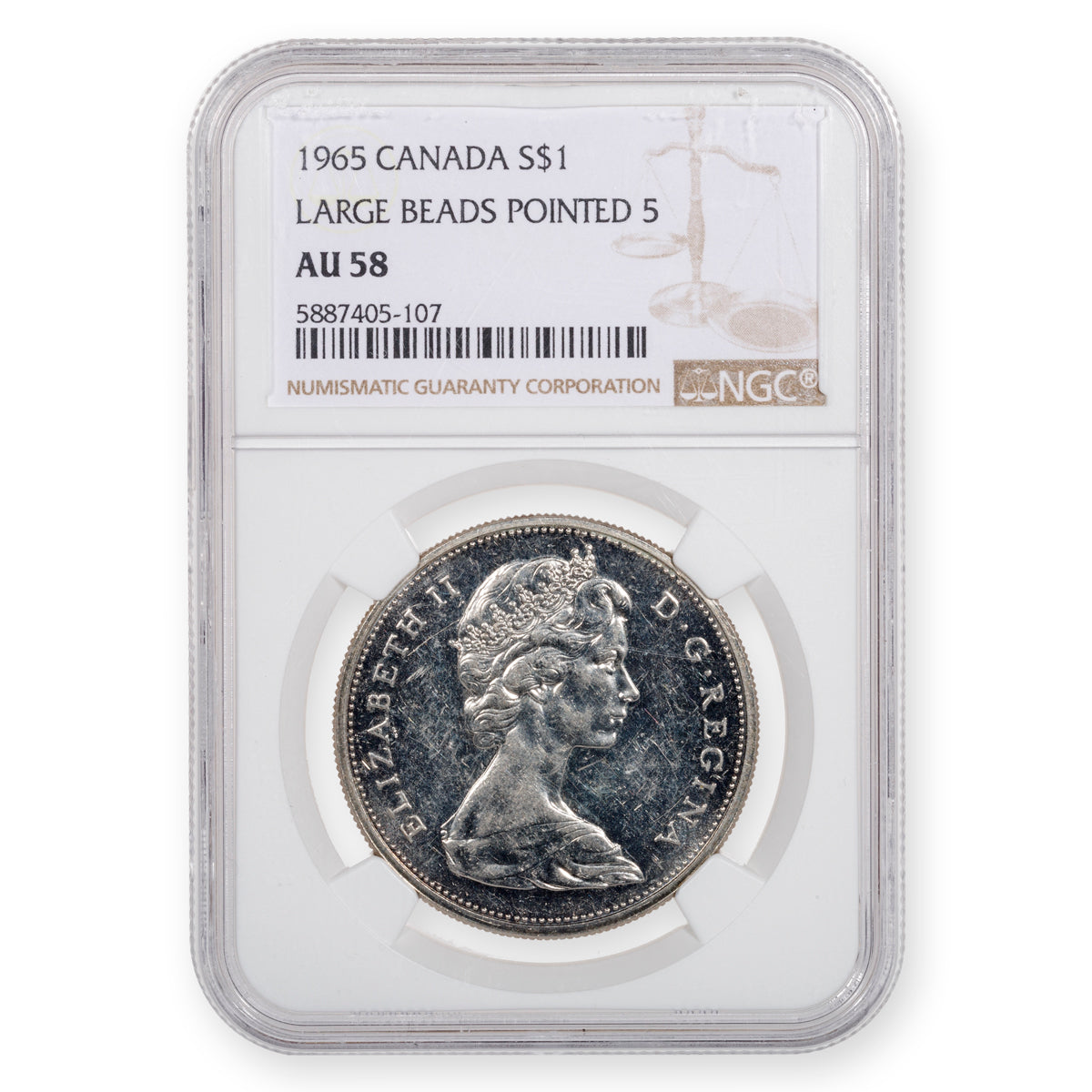 $1 1965 Large Beads Pointed 5 NGC AU-58