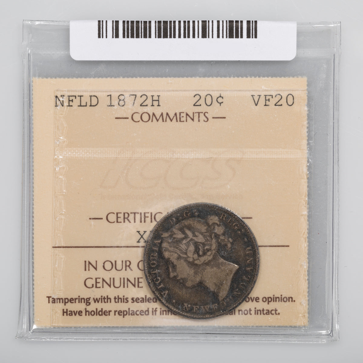 NFLD 20 Cent 1872H ICCS VF-20