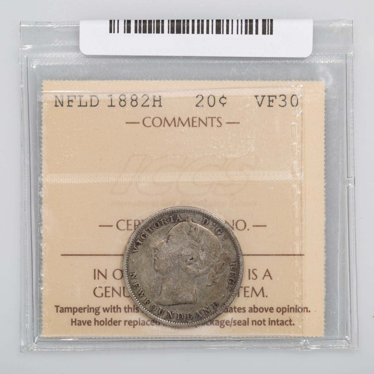 NFLD 20 Cent 1882H ICCS VF-30