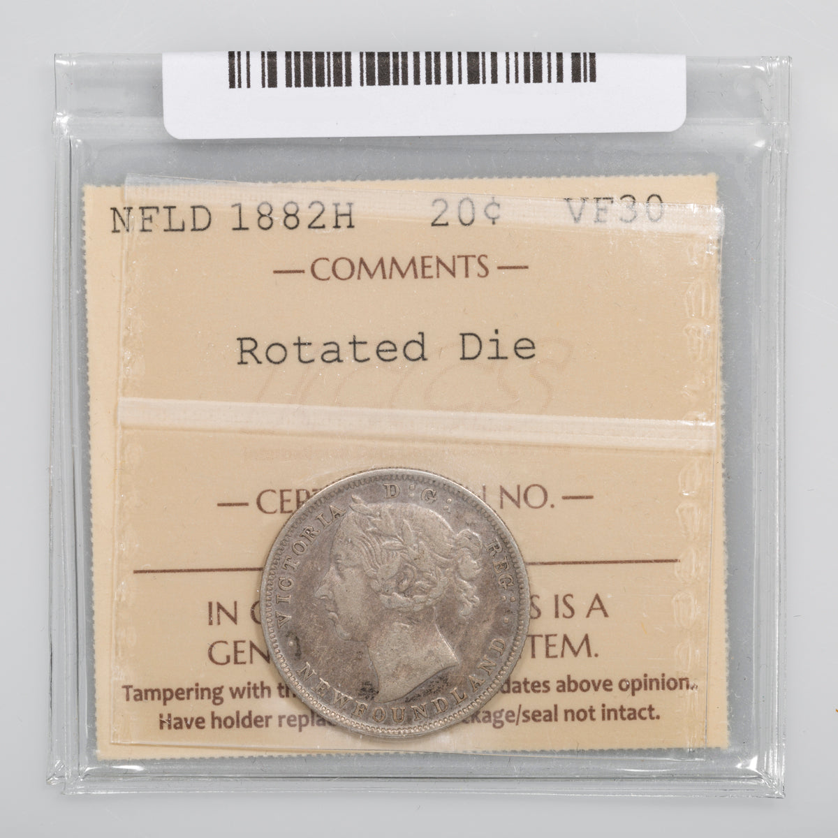 NFLD 20 Cent 1882H Rotated Die ICCS VF-30