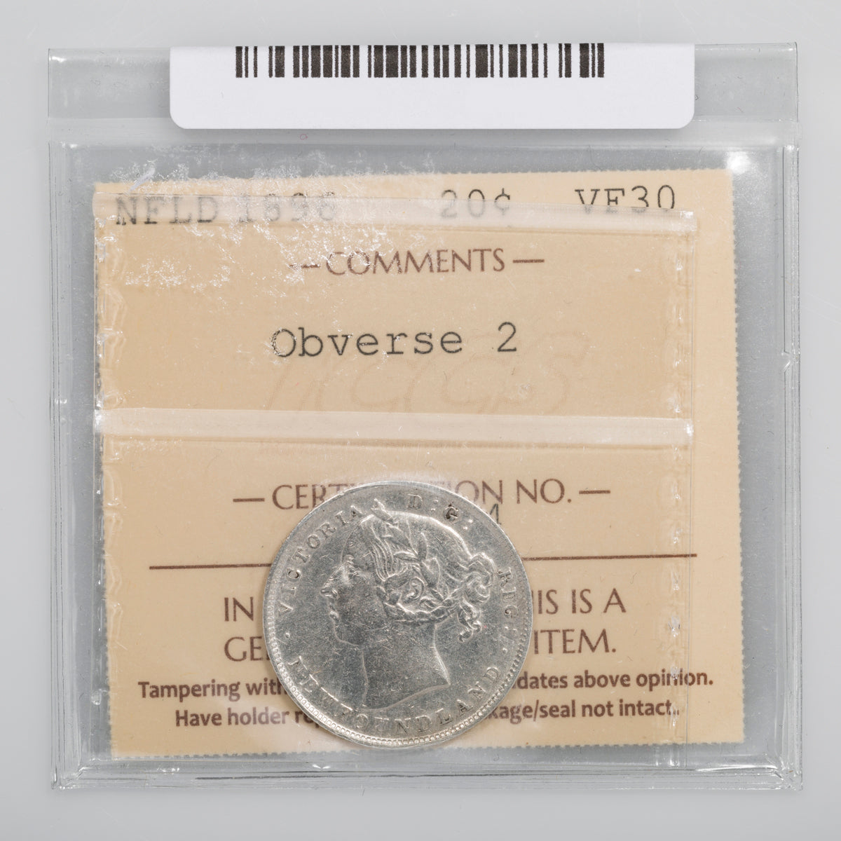 NFLD 20 Cent 1896 Obverse 2 ICCS VF-30