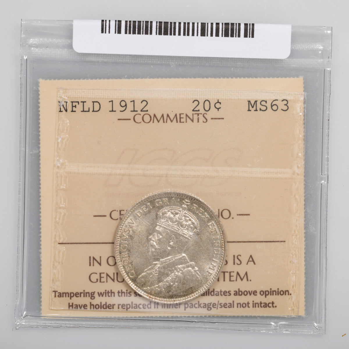 NFLD 20 Cent 1912 ICCS MS-63