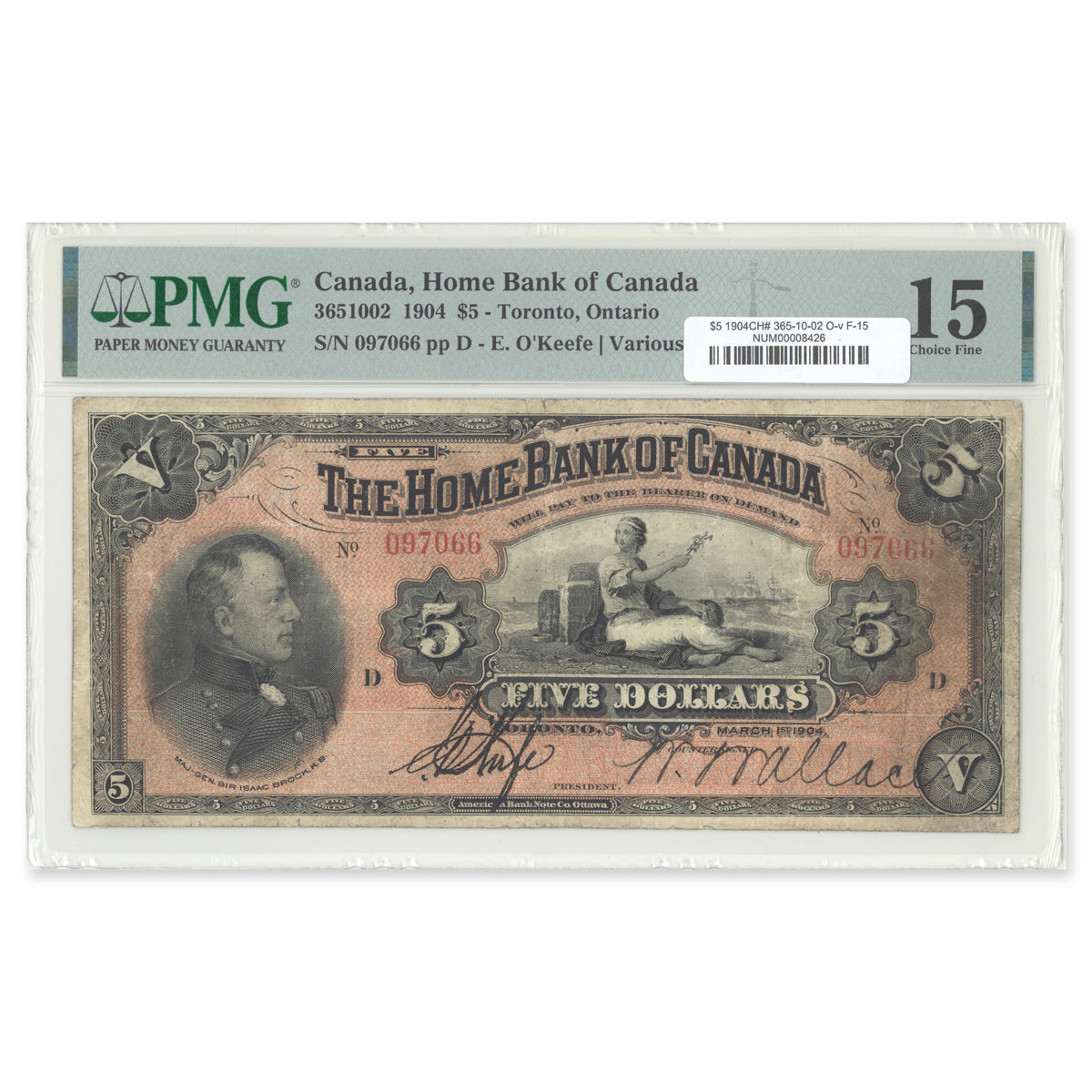 $5 1904 CH# 365-10-02 Home Bank of Canada O'Keefe-various PMG F-15