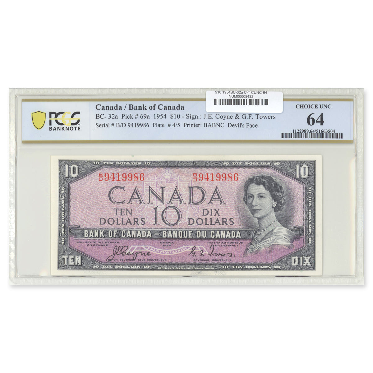 $10 1954 Devil's Face Series BC-32a Coyne-Towers Prefix B/D PCGS CUNC-64
