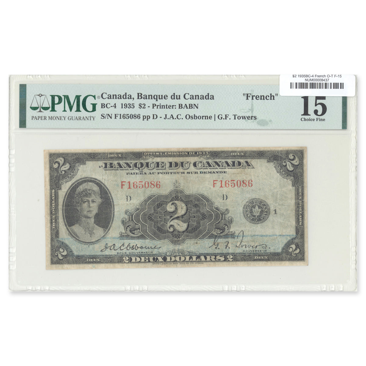 $2 1935 BC-4 French Osborne-Towers Prefix F PMG F-15
