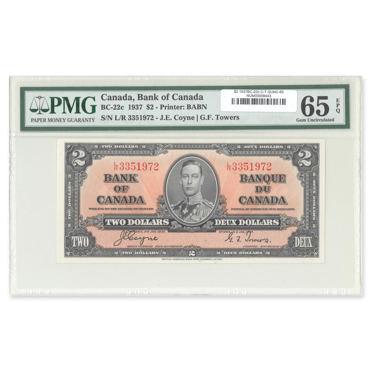 $2 1937 BC-22c Coyne-Towers Prefix L/R PMG GUNC-65 EPQ
