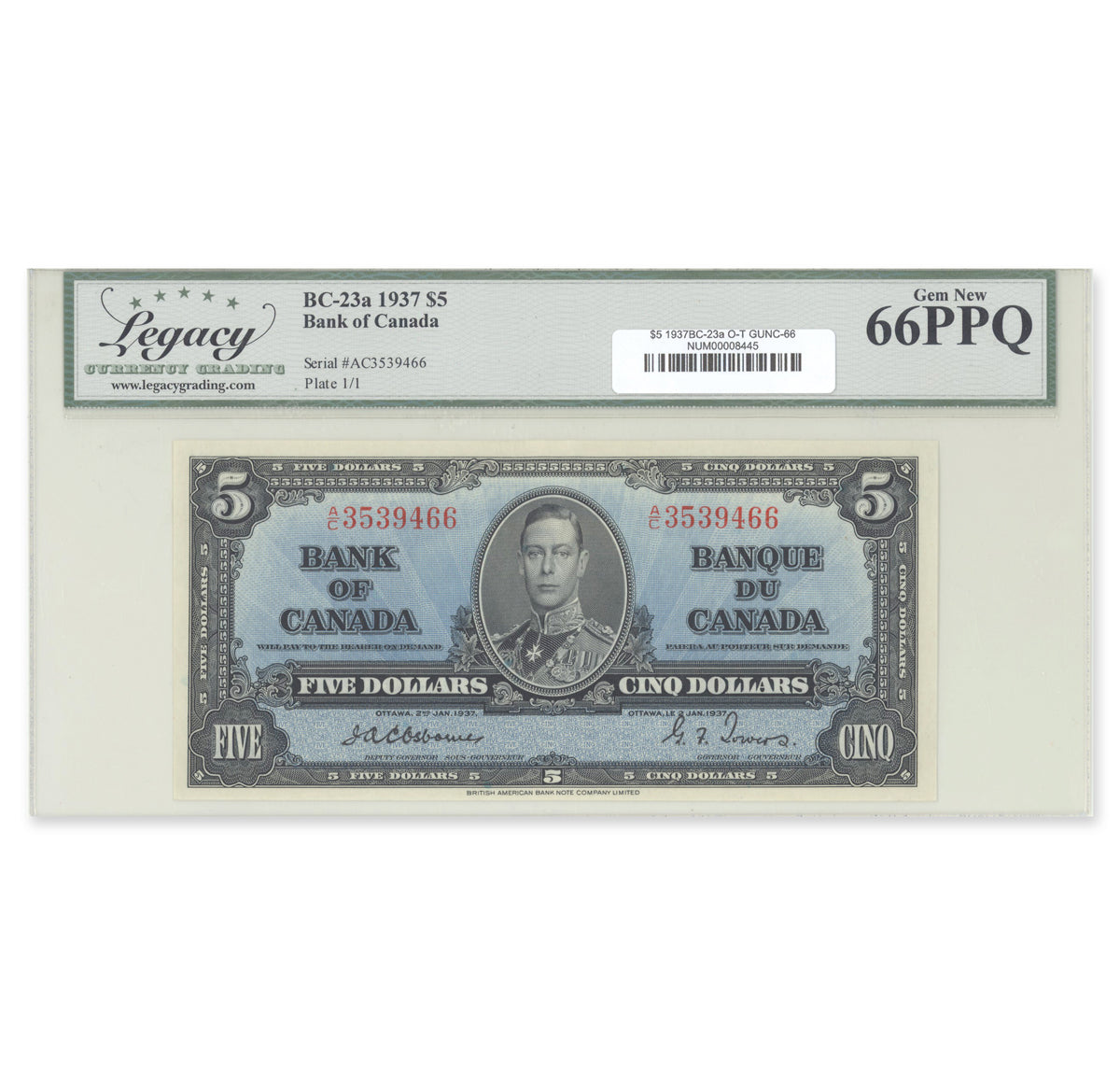 $5 1937 BC-23a Osborne-Towers Prefix A/C Legacy GUNC-66 PPQ