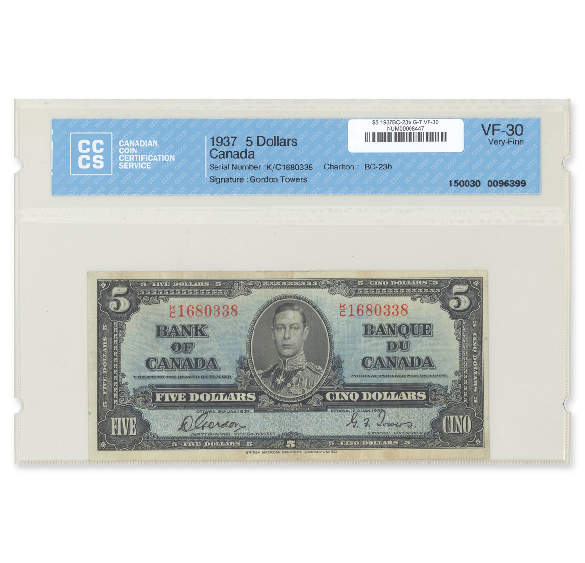 $5 1937 BC-23b Gordon-Towers Prefix K/C CCCS VF-30