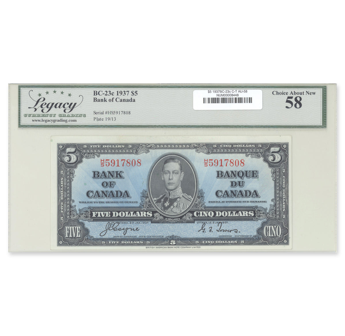 $5 1937 BC-23c Coyne-Towers Prefix H/S Legacy AU-58