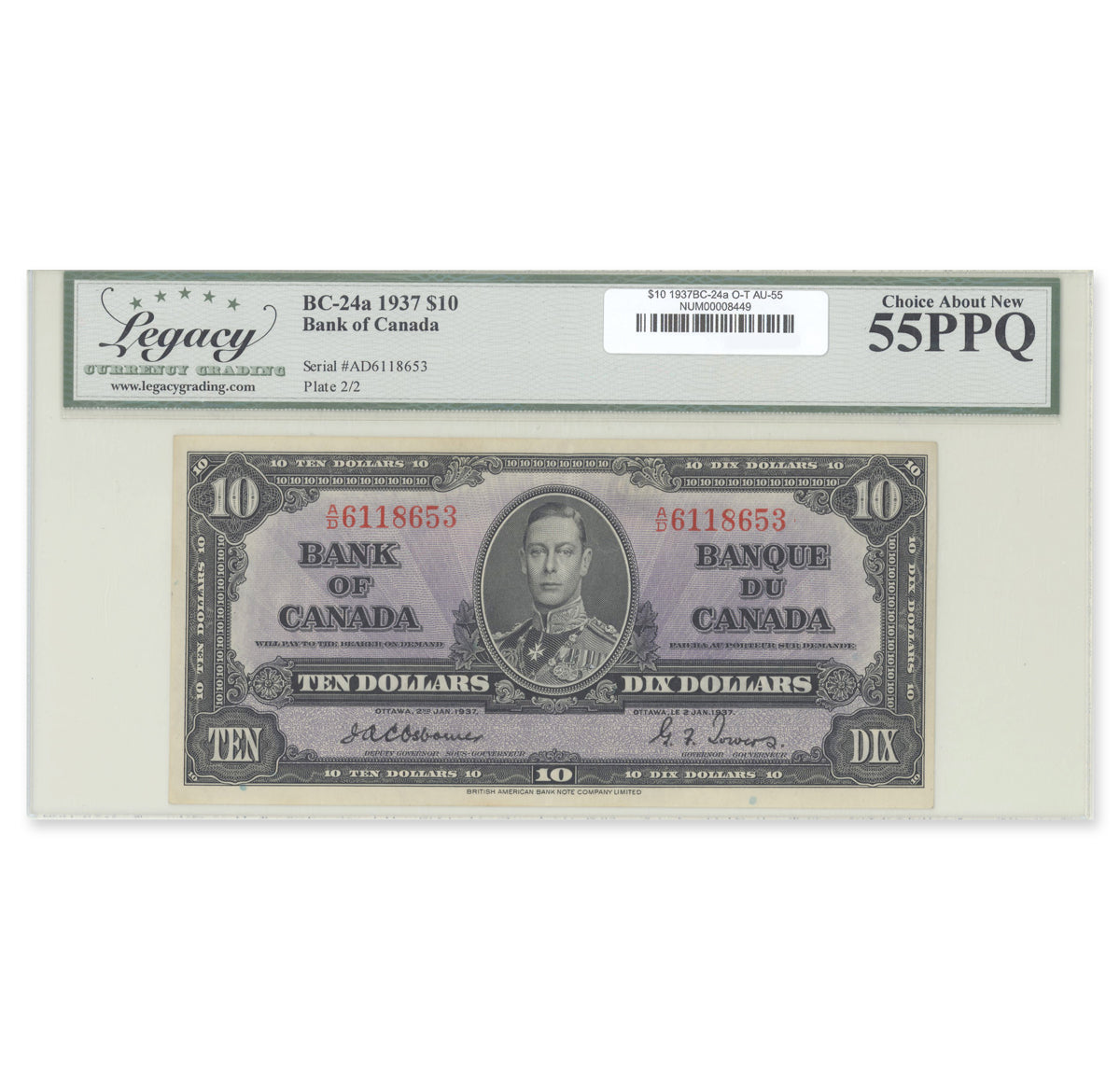 $10 1937 BC-24a Osborne-Towers Prefix A/D Legacy AU-55 PPQ