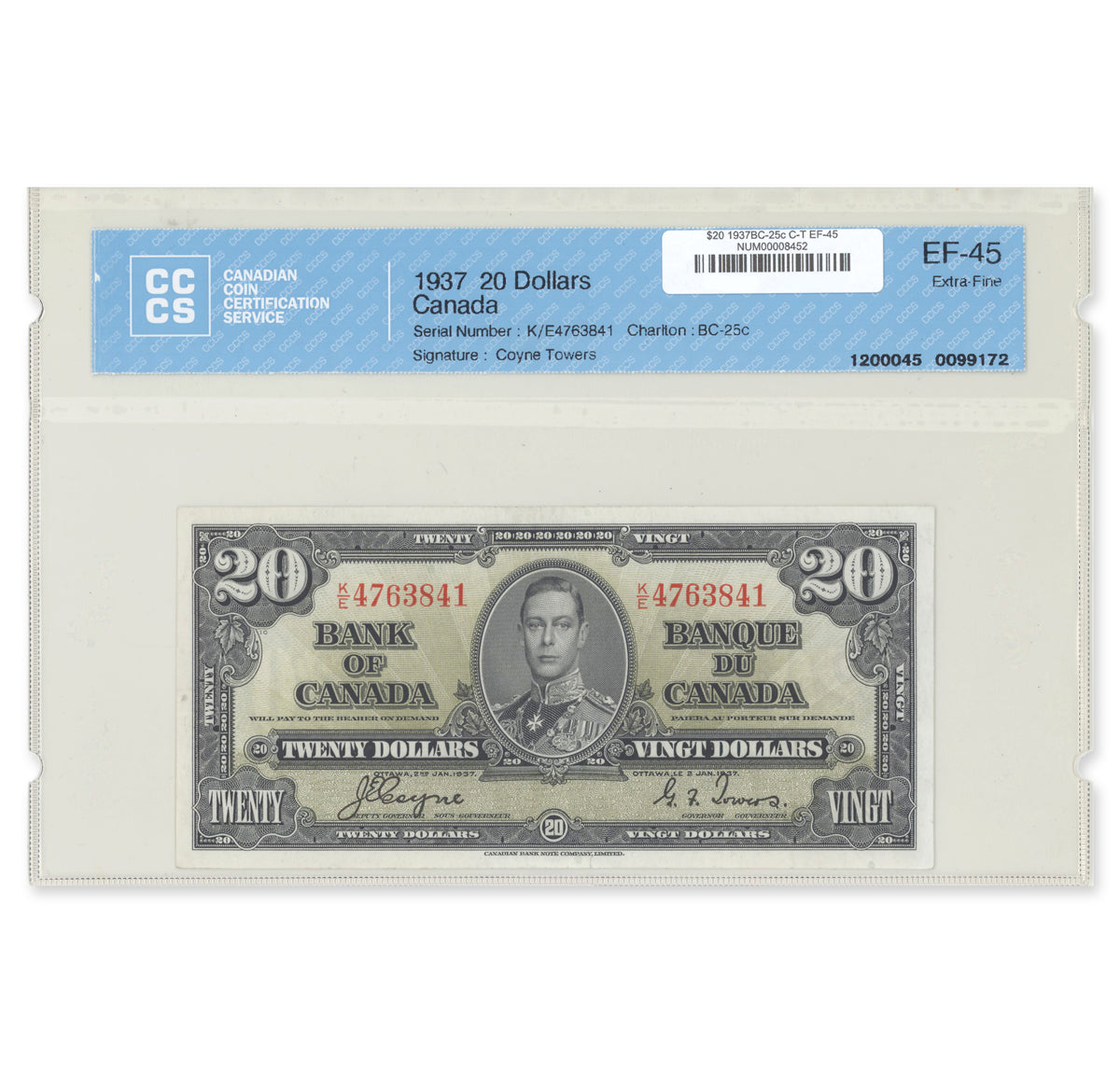 $20 1937 BC-25c Coyne-Towers Prefix K/E CCCS EF-45