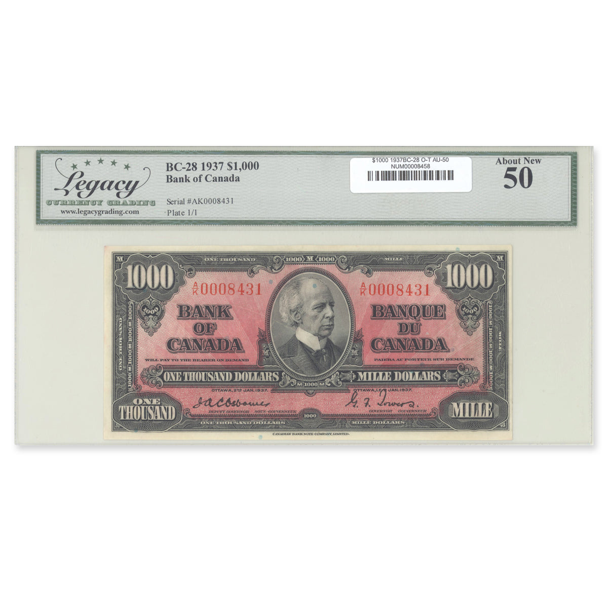 $1000 1937 BC-28 Osborne-Towers Prefix A/K Legacy AU-50