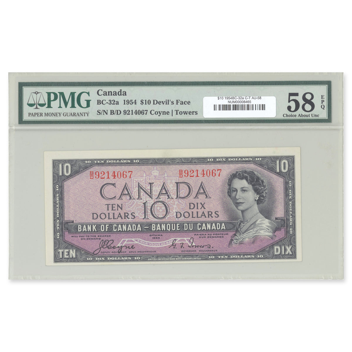 $10 1954 Devil's Face Series BC-32a Coyne-Towers Prefix B/D PMG AU-58 EPQ