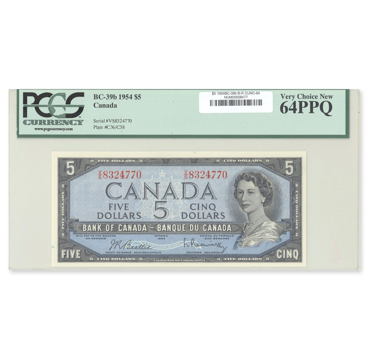 $5 1954 Modified Series BC-39b Beattie-Rasminsky Prefix V/S PCGS CUNC-64 PPQ