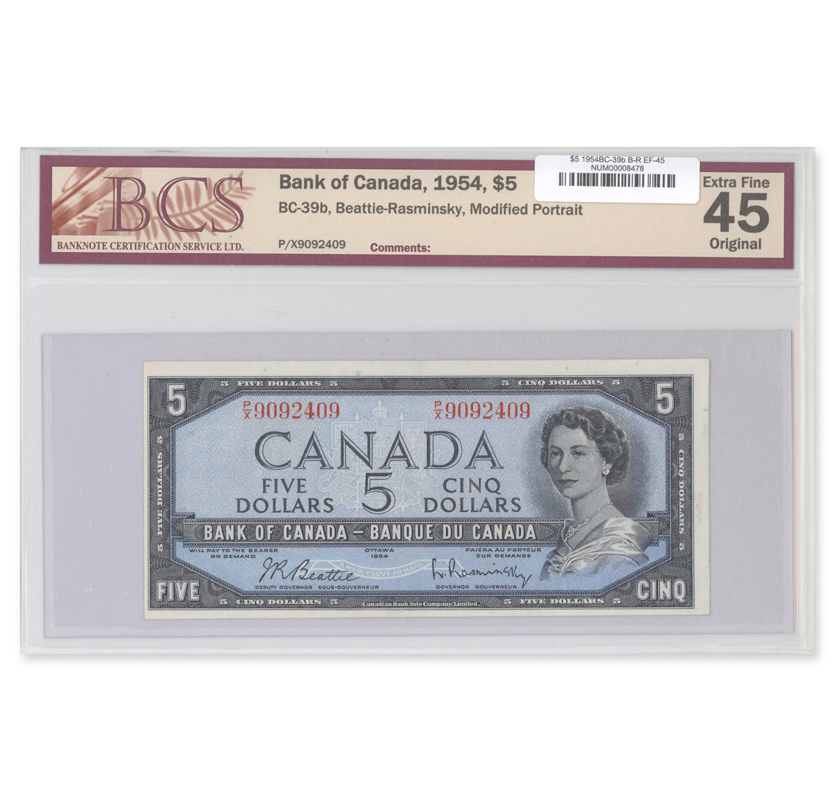 $5 1954 Modified Series BC-39b Beattie-Rasminsky Prefix P/X BCS EF-45 Original