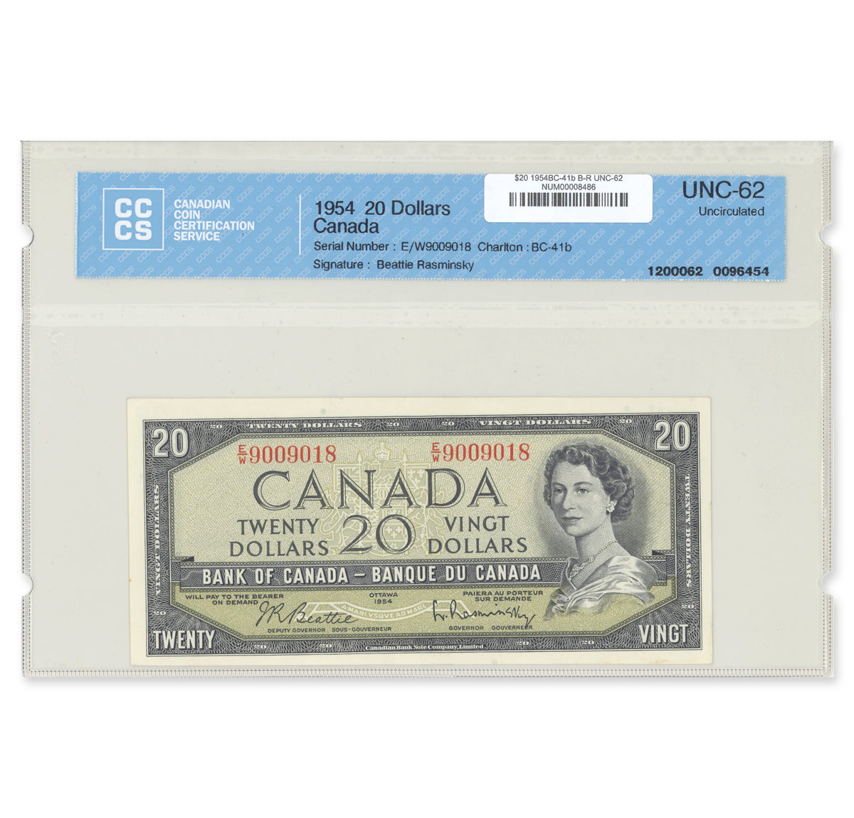 $20 1954 Modified Series BC-41b Beattie-Rasminsky Prefix E/W CCCS UNC-62