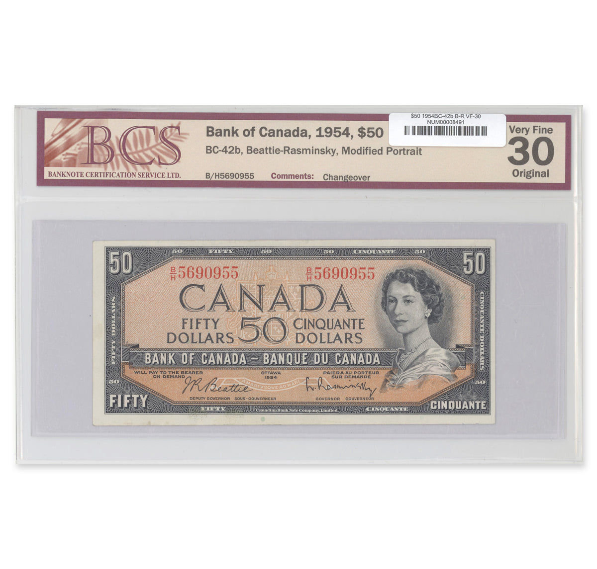 $50 1954 Modified Series BC-42b Beattie-Rasminsky Prefix B/H BCS VF-30 Original