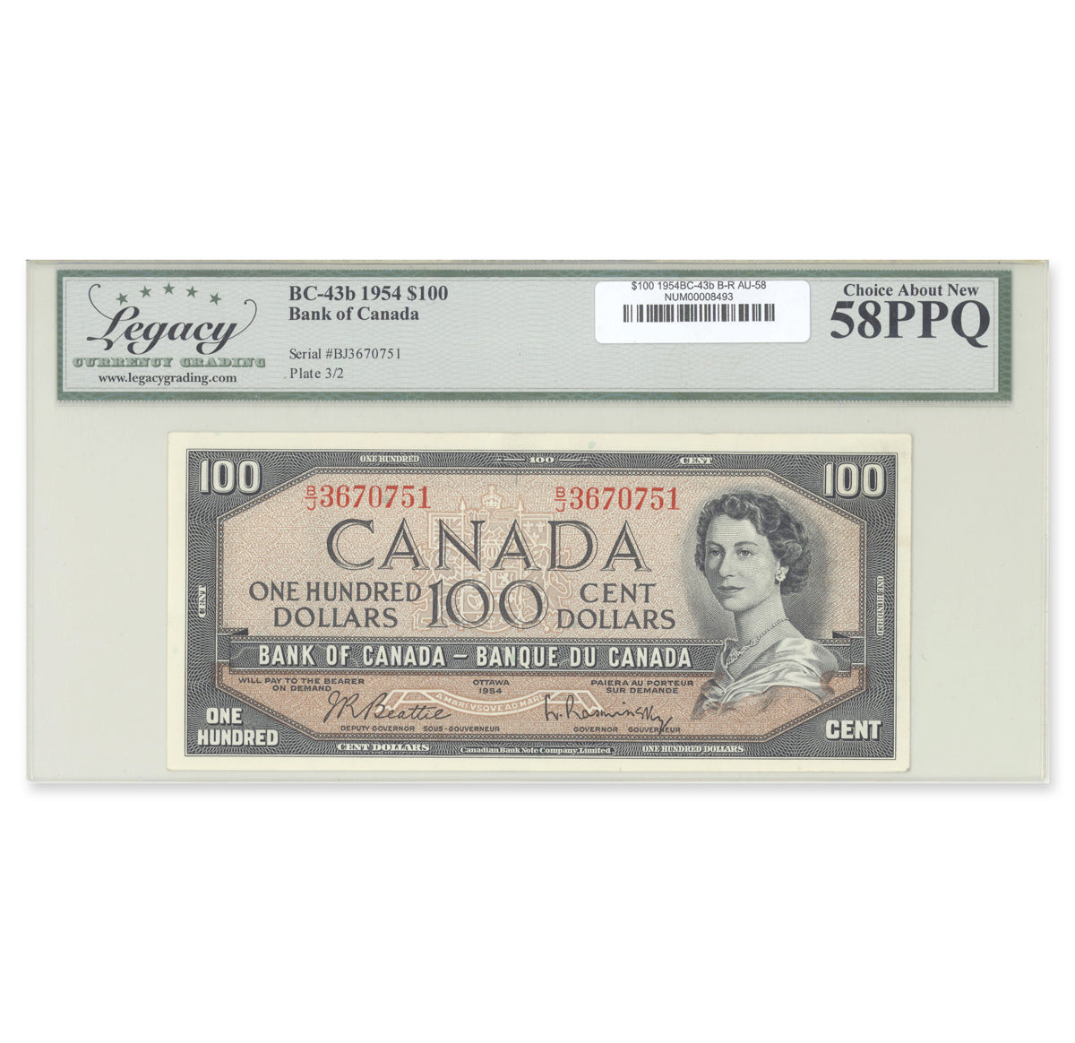 $100 1954 Modified Series BC-43b Beattie-Rasminsky Prefix B/J Legacy AU-58 PPQ