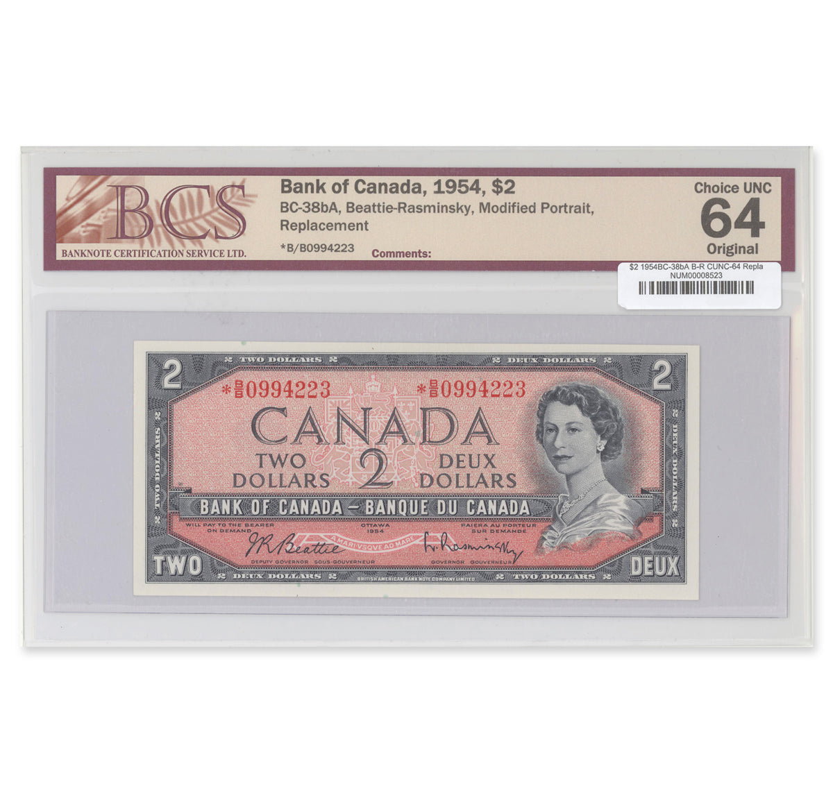 $2 1954 Modified Series BC-38bA Replacement Beattie-Rasminsky Prefix *B/B BCS CUNC-64 Original