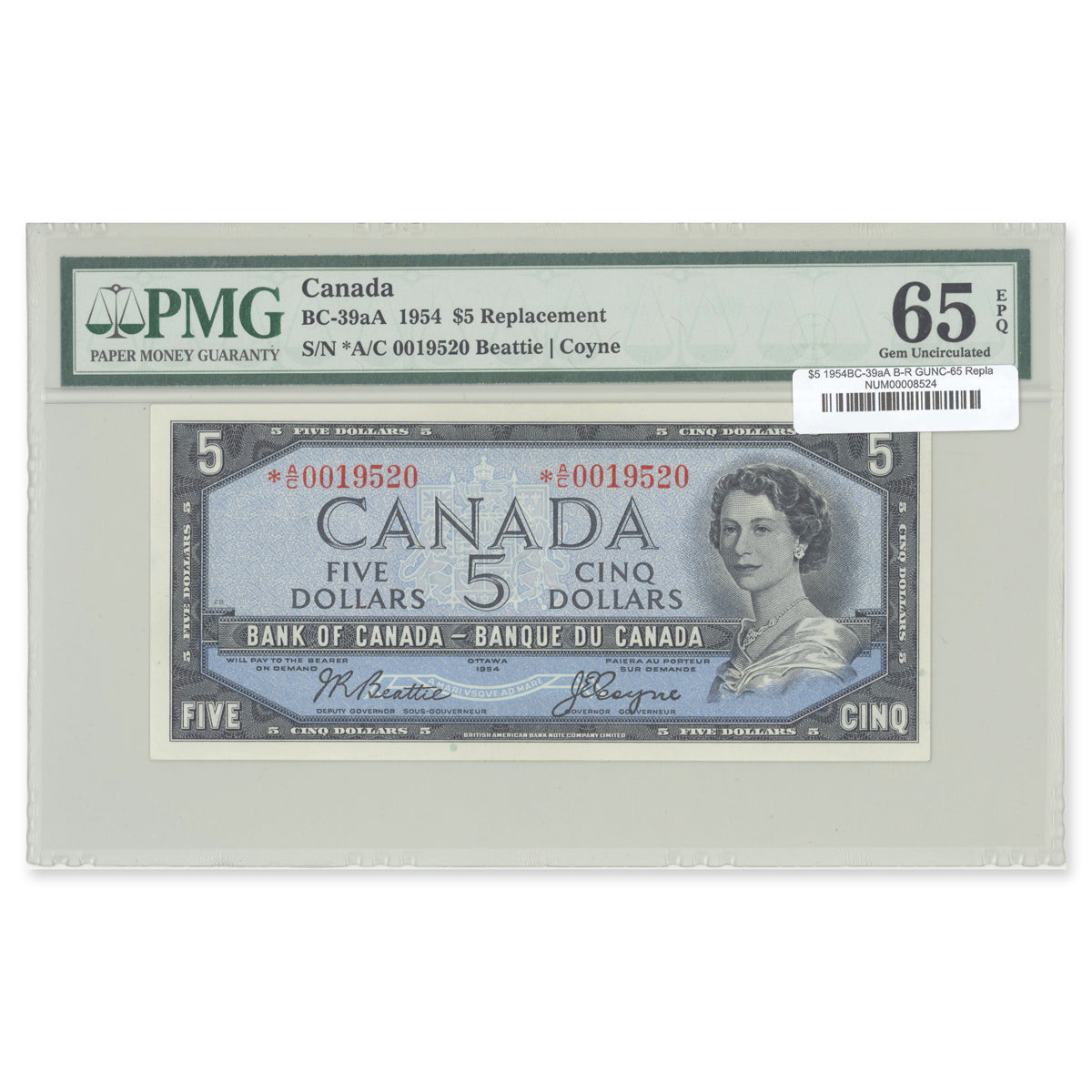 $5 1954 Modified Series BC-39aA Replacement Beattie-Rasminsky Prefix *A/C PMG GUNC-65 EPQ