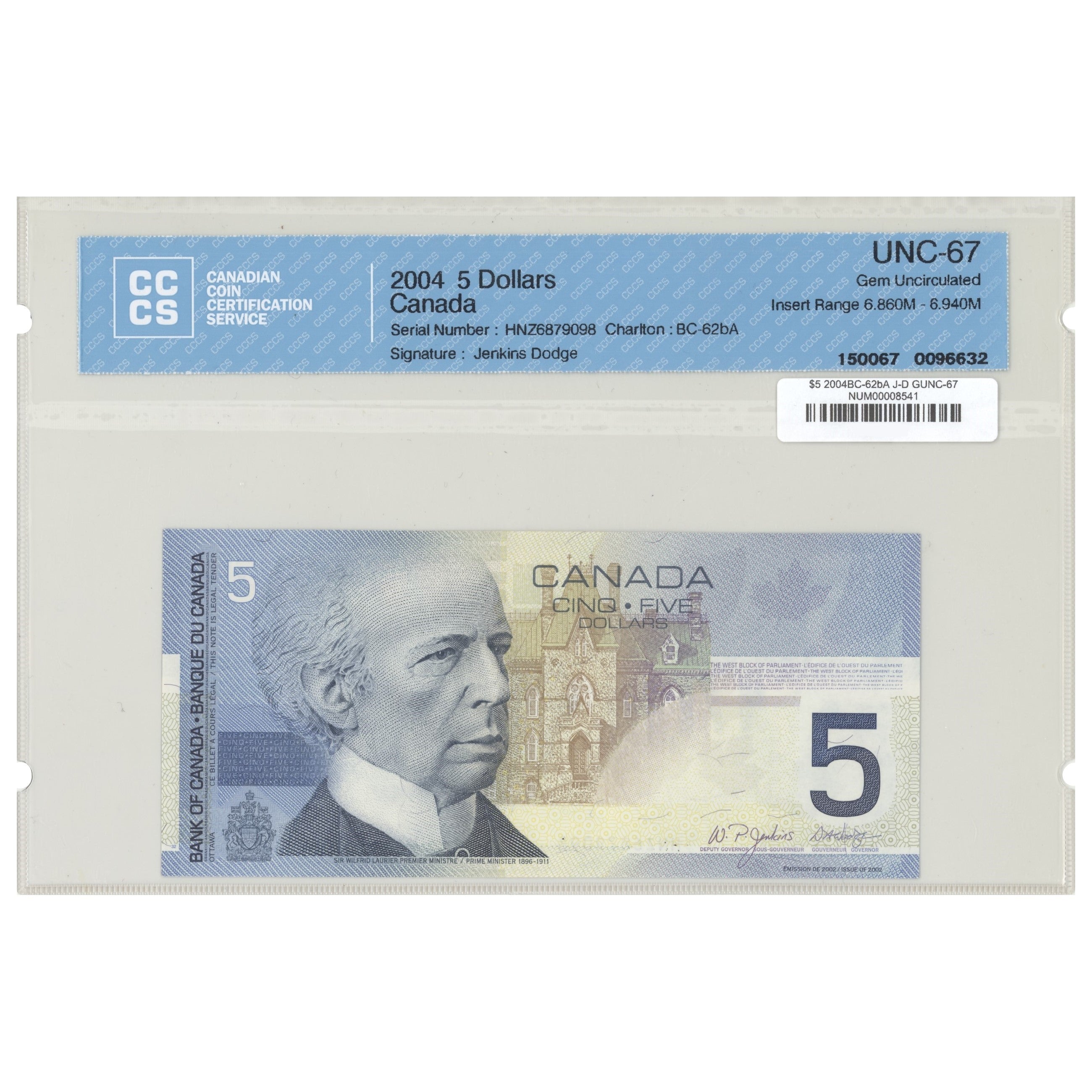 $5 2004 BC-62bA Jenkins-Dodge Prefix HNZ CCCS GUNC-67