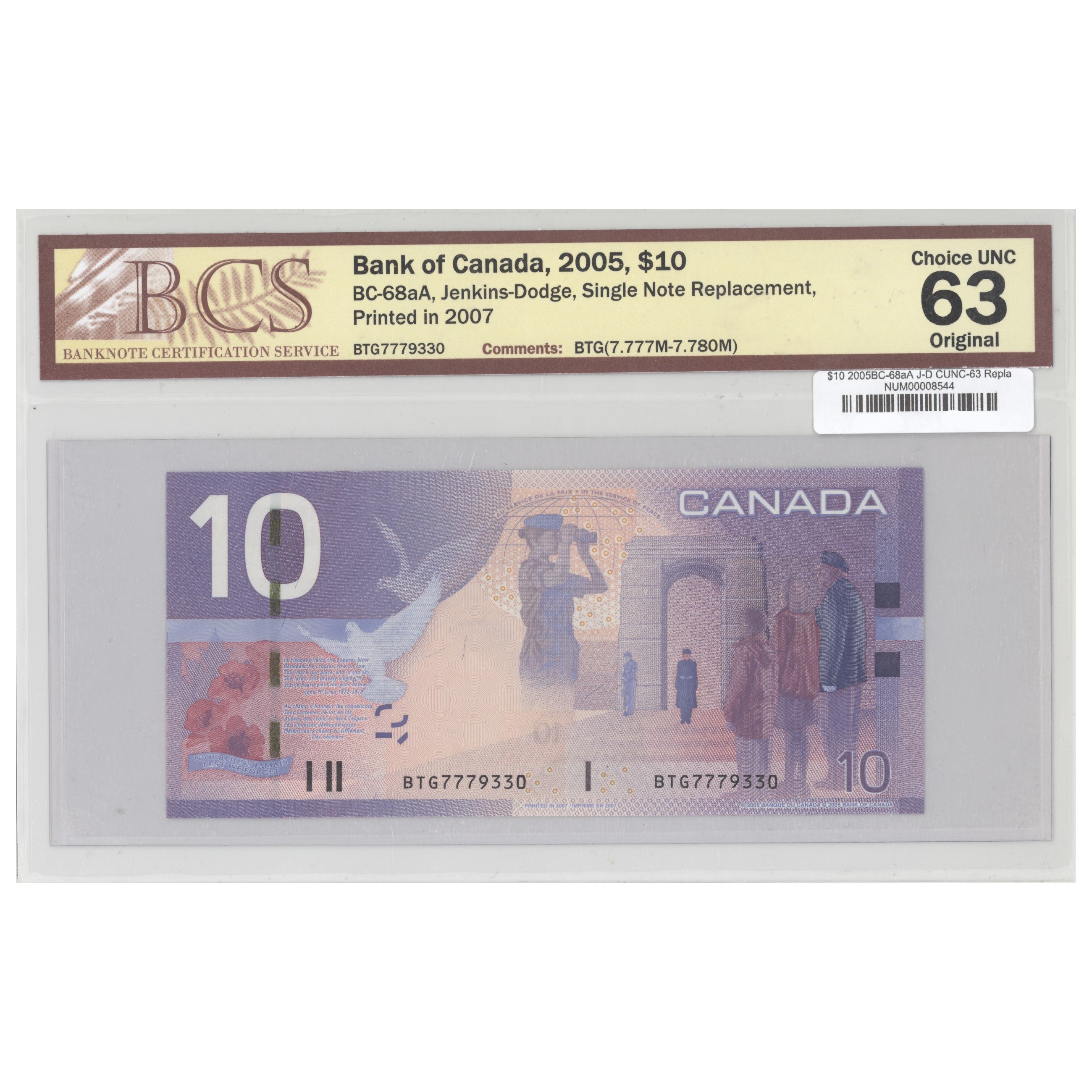 $10 2005 BC-68aA Replacement Jenkins-Dodge Prefix BTG BCS CUNC-63 Original