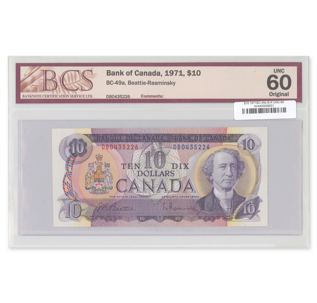 $10 1971 BC-49a Beattie-Rasminsky Prefix DB BCS UNC-60 Original