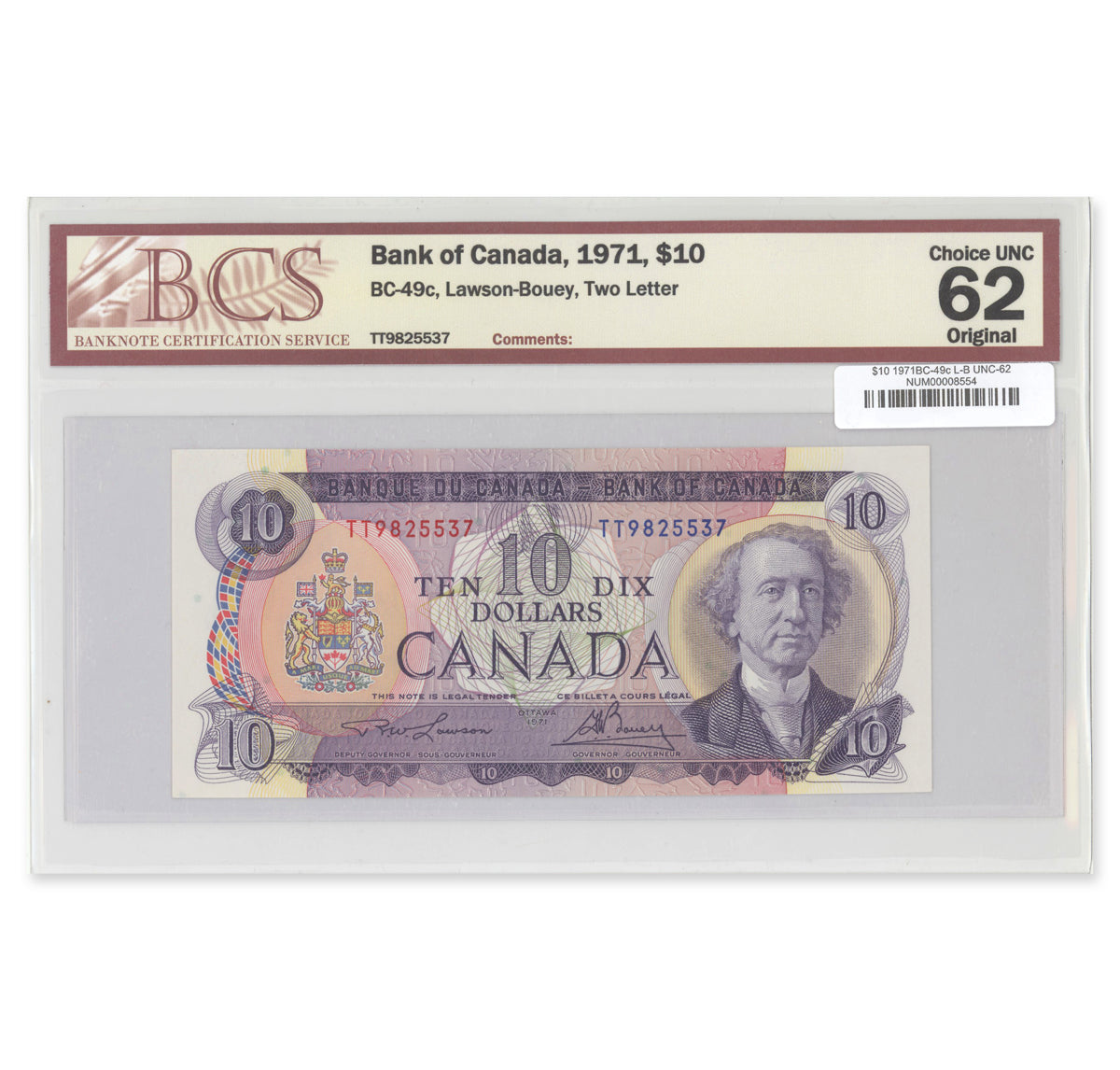 $10 1971 BC-49c Lawson-Bouey Prefix TT BCS UNC-62 Original