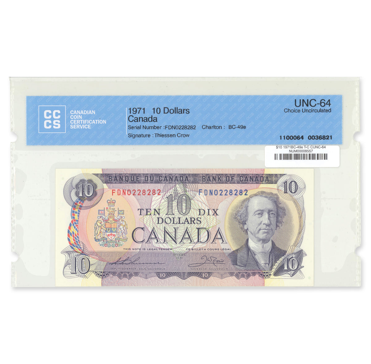 $10 1971 BC-49e Thiessen-Crow Prefix FDN CCCS CUNC-64