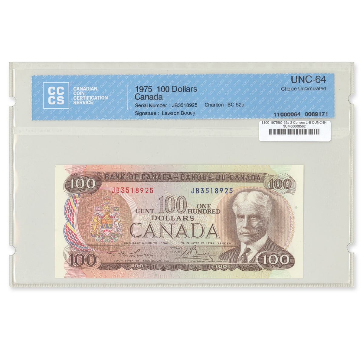 $100 1975 BC-52a 2 Consecutive Lawson-Bouey Prefix JB CCCS CUNC-64