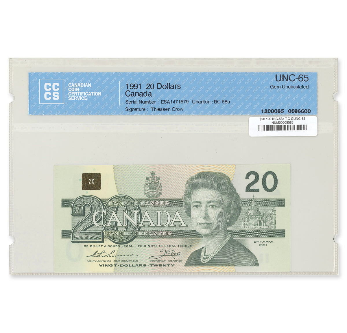 $20 1991 BC-58a Thiessen-Crow Prefix ESA CCCS GUNC-65