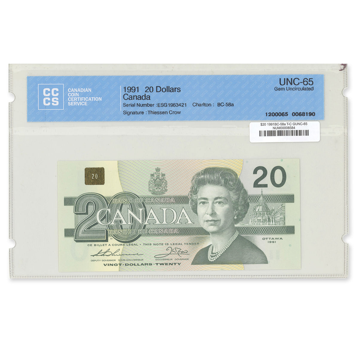 $20 1991 BC-58a Thiessen-Crow Prefix ESG CCCS GUNC-65