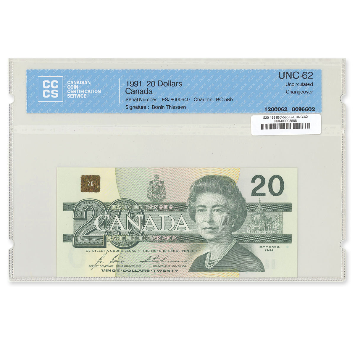 $20 1991 BC-58b Bonin-Thiessen Prefix ESJ CCCS UNC-62