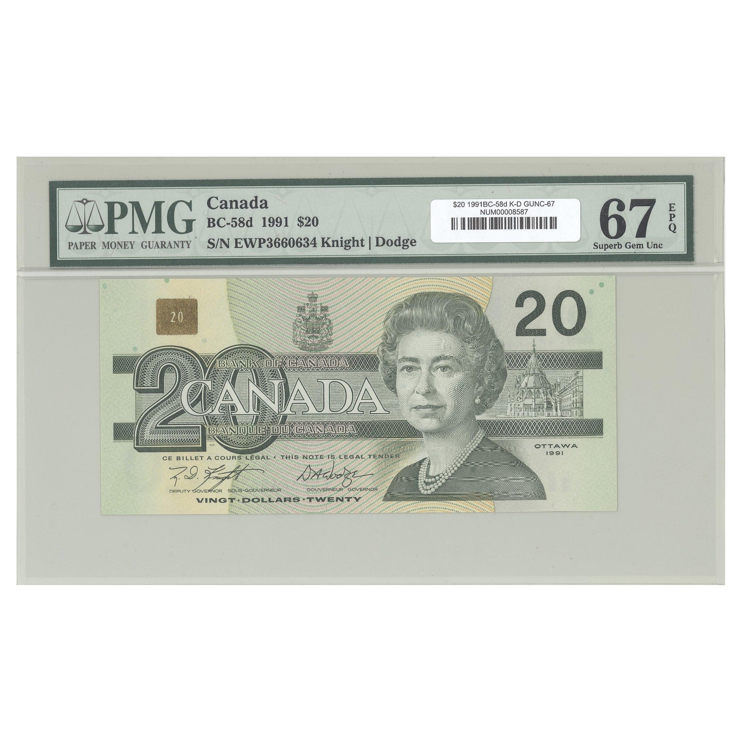 $20 1991 BC-58d Knight-Dodge Prefix EWP PMG GUNC-67 EPQ