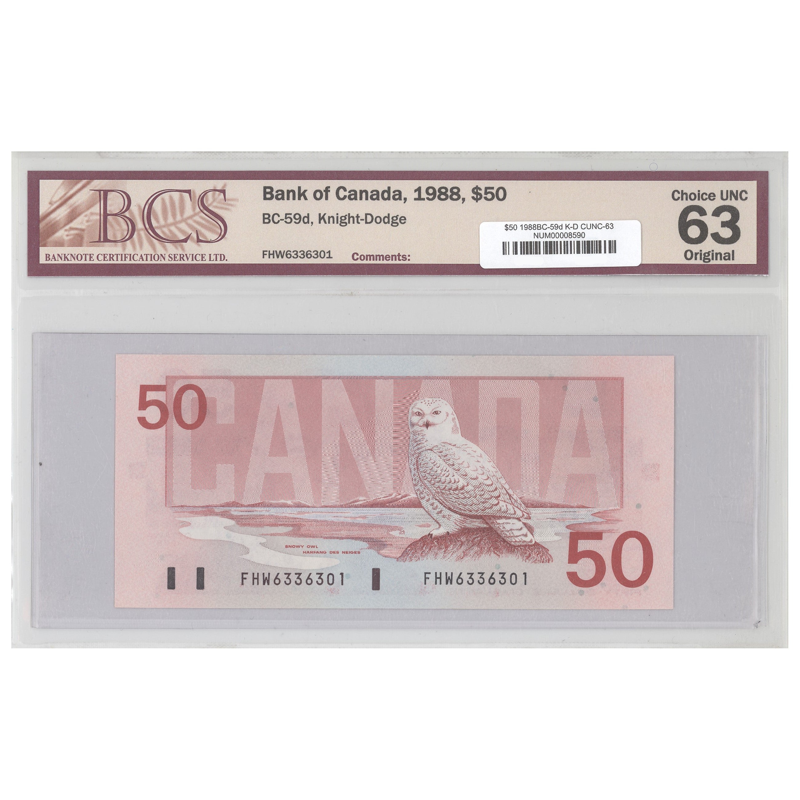 $50 1988 BC-59d Knight-Dodge Prefix FHW BCS CUNC-63 Original