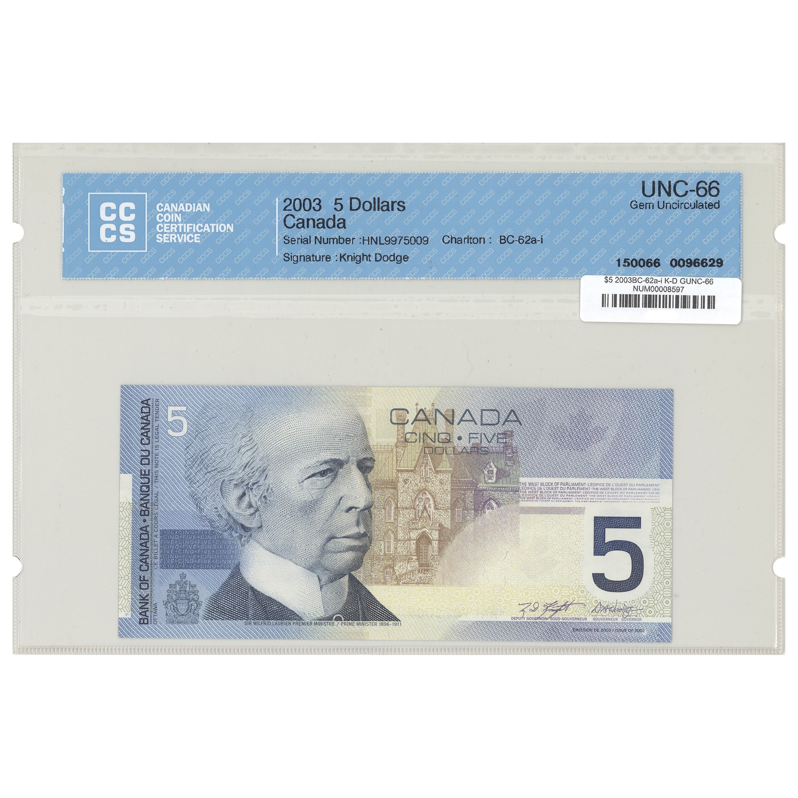 $5 2002 BC-62a-i Knight-Dodge Prefix HNL CCCS GUNC-66