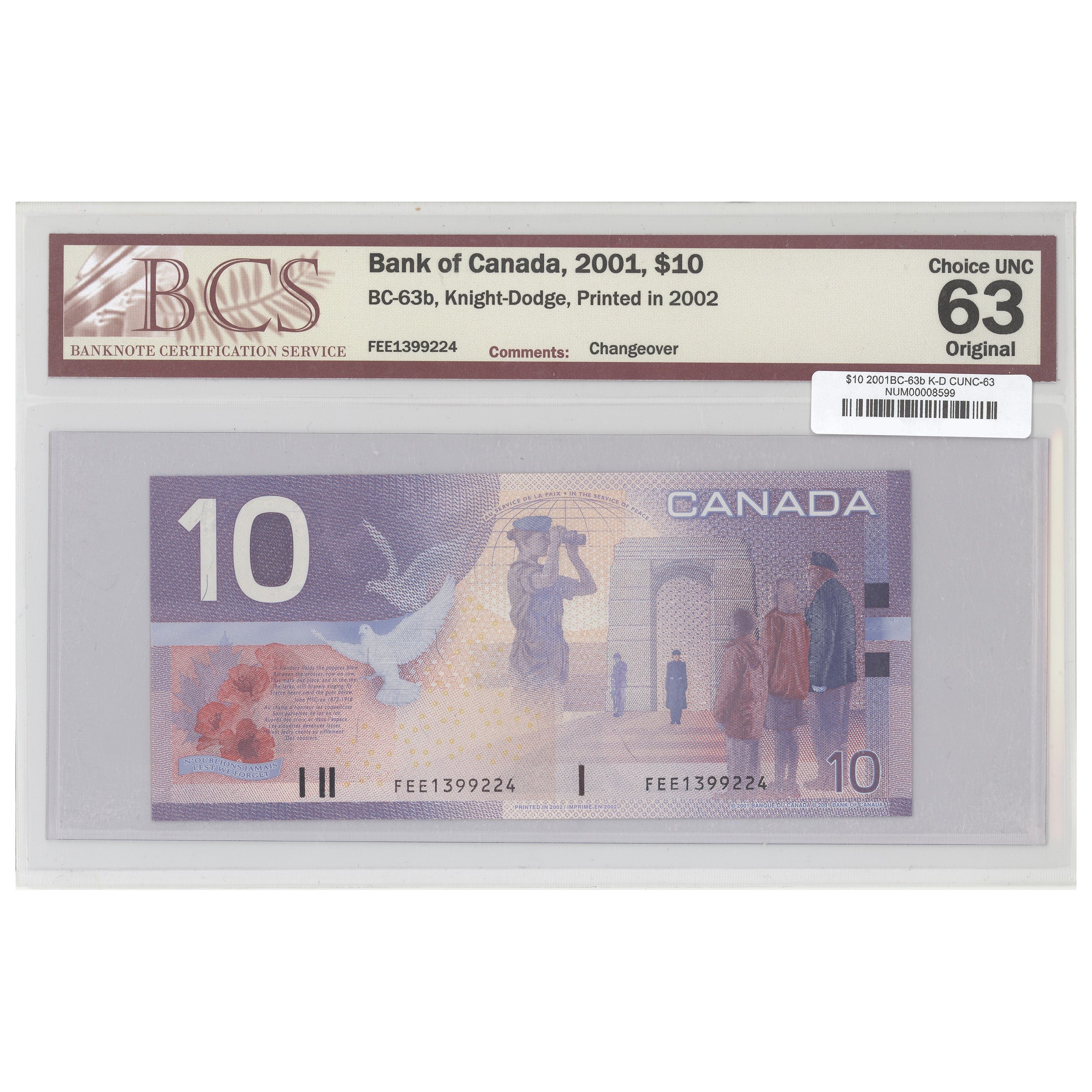 $10 2001 BC-63b Knight-Dodge Prefix FEE BCS CUNC-63 Original